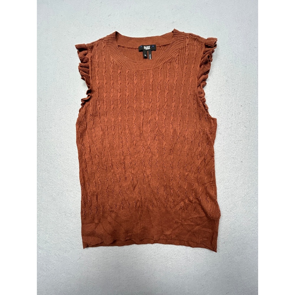 PAIGE Sleeveless Ruffle Cable Knit Cotton Silk Pecan Brown Size Medium Womens